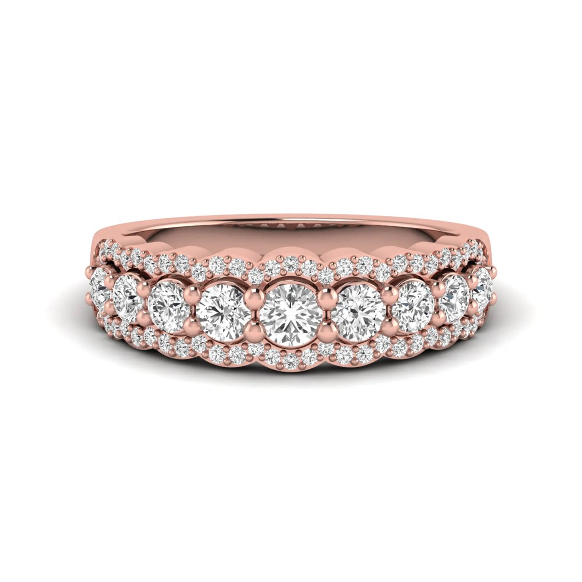 Graduated round brilliant lab grown diamond three row band with dual micro pavé diamond borders in rose gold