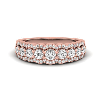 Graduated round brilliant lab grown diamond three row band with dual micro pavé diamond borders in rose gold