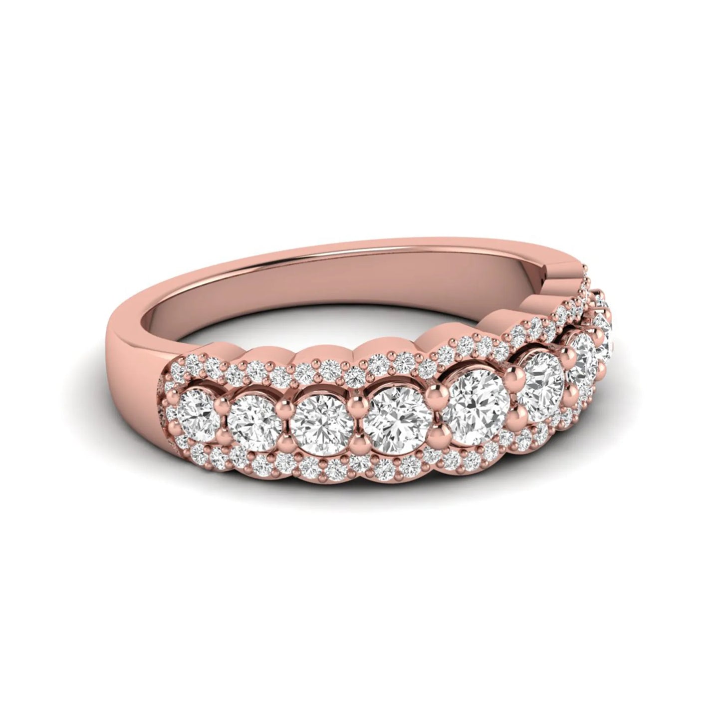 Graduated round brilliant lab grown diamond three row band with dual micro pavé diamond borders in rose gold