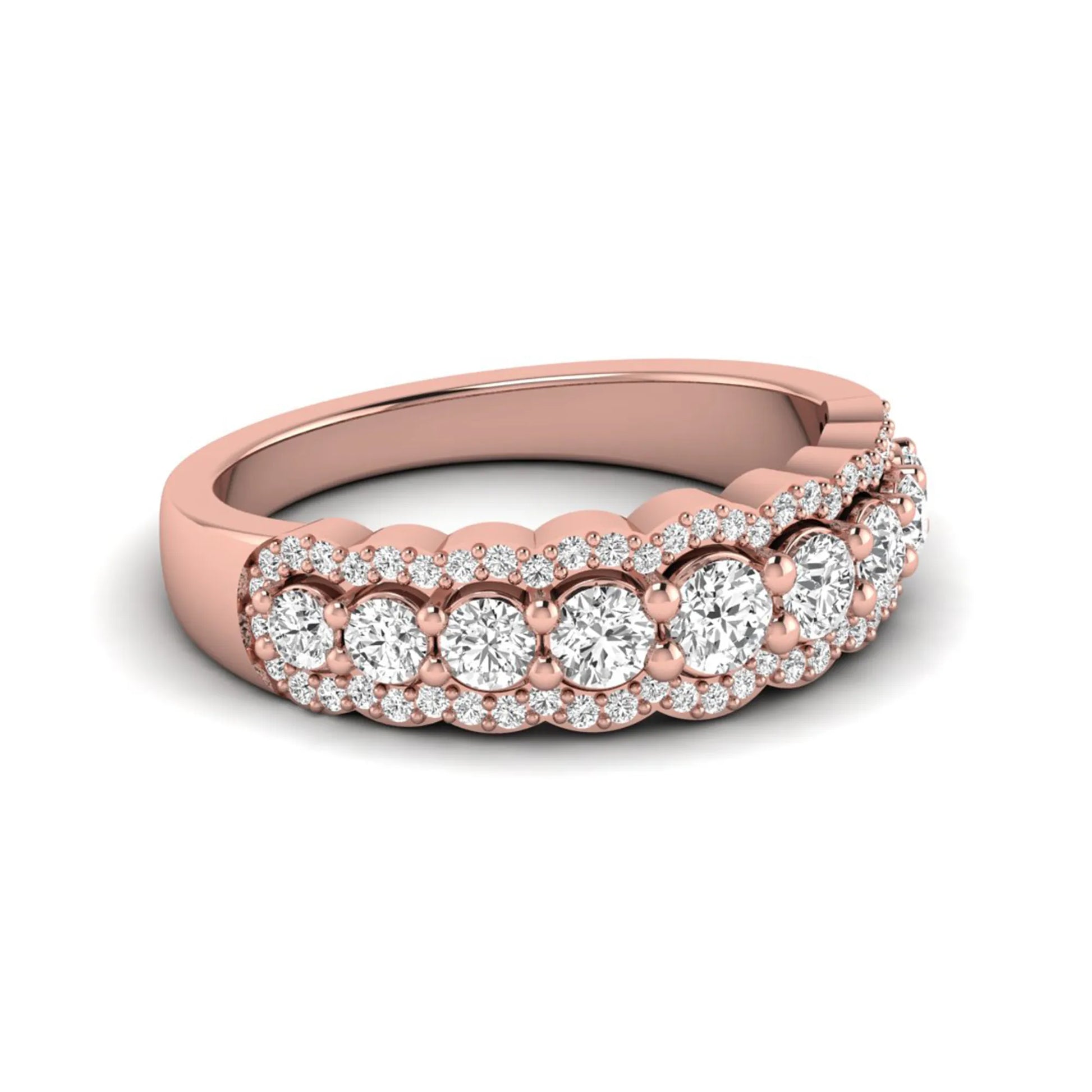 Graduated round brilliant lab grown diamond three row band with dual micro pavé diamond borders in rose gold