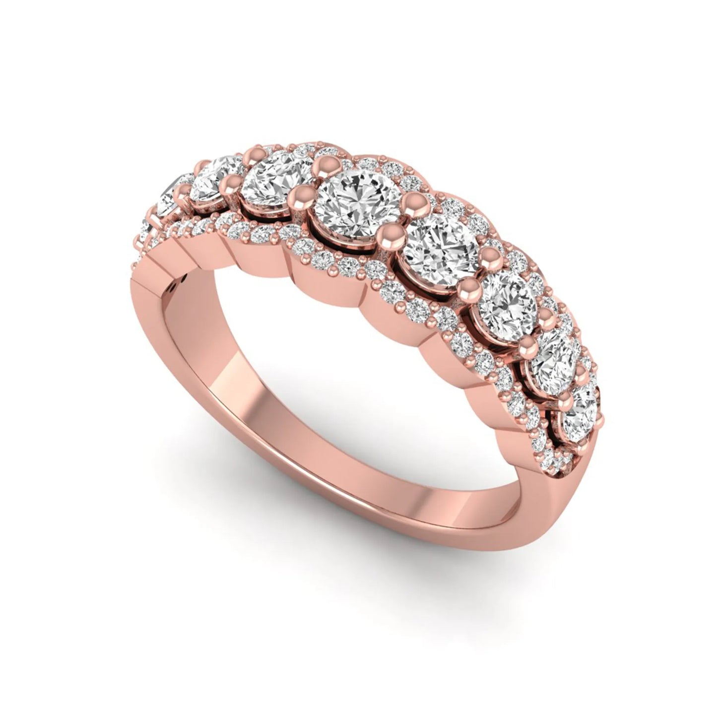 Graduated round brilliant lab grown diamond three row band with dual micro pavé diamond borders in rose gold