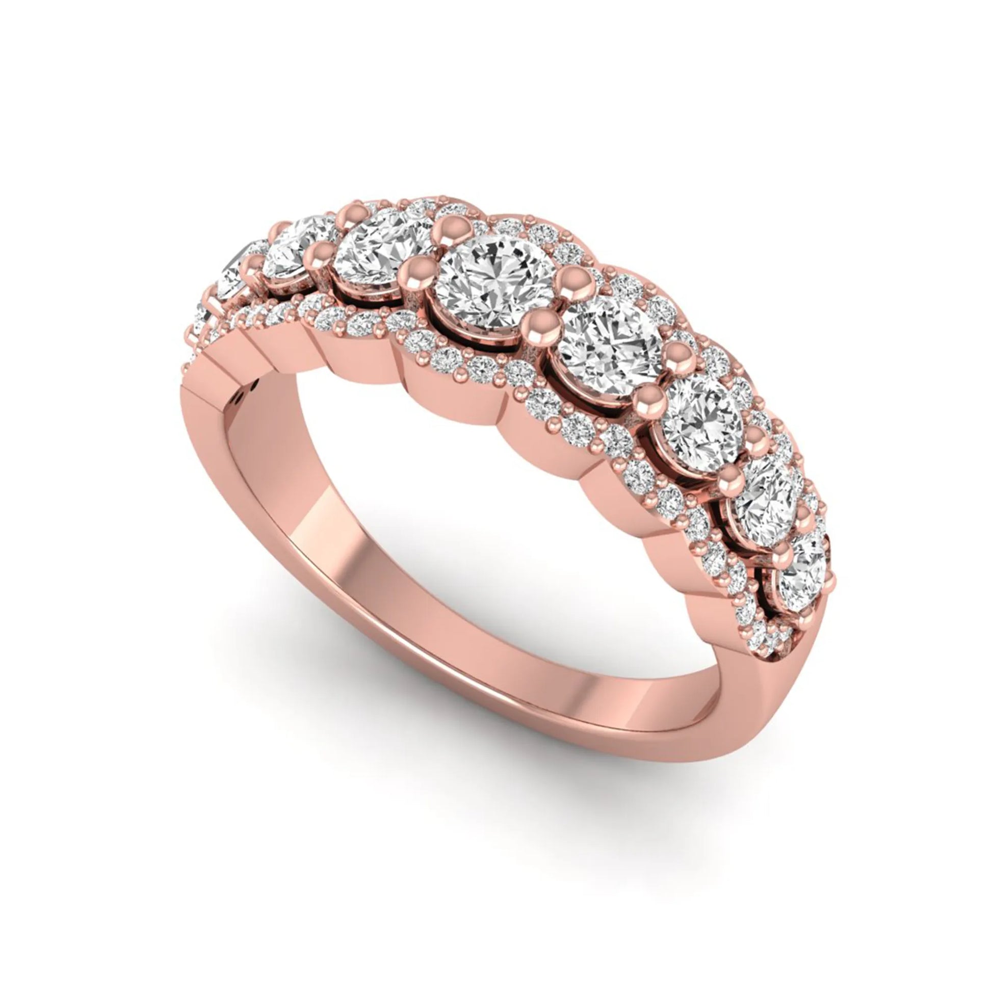 Graduated round brilliant lab grown diamond three row band with dual micro pavé diamond borders in rose gold