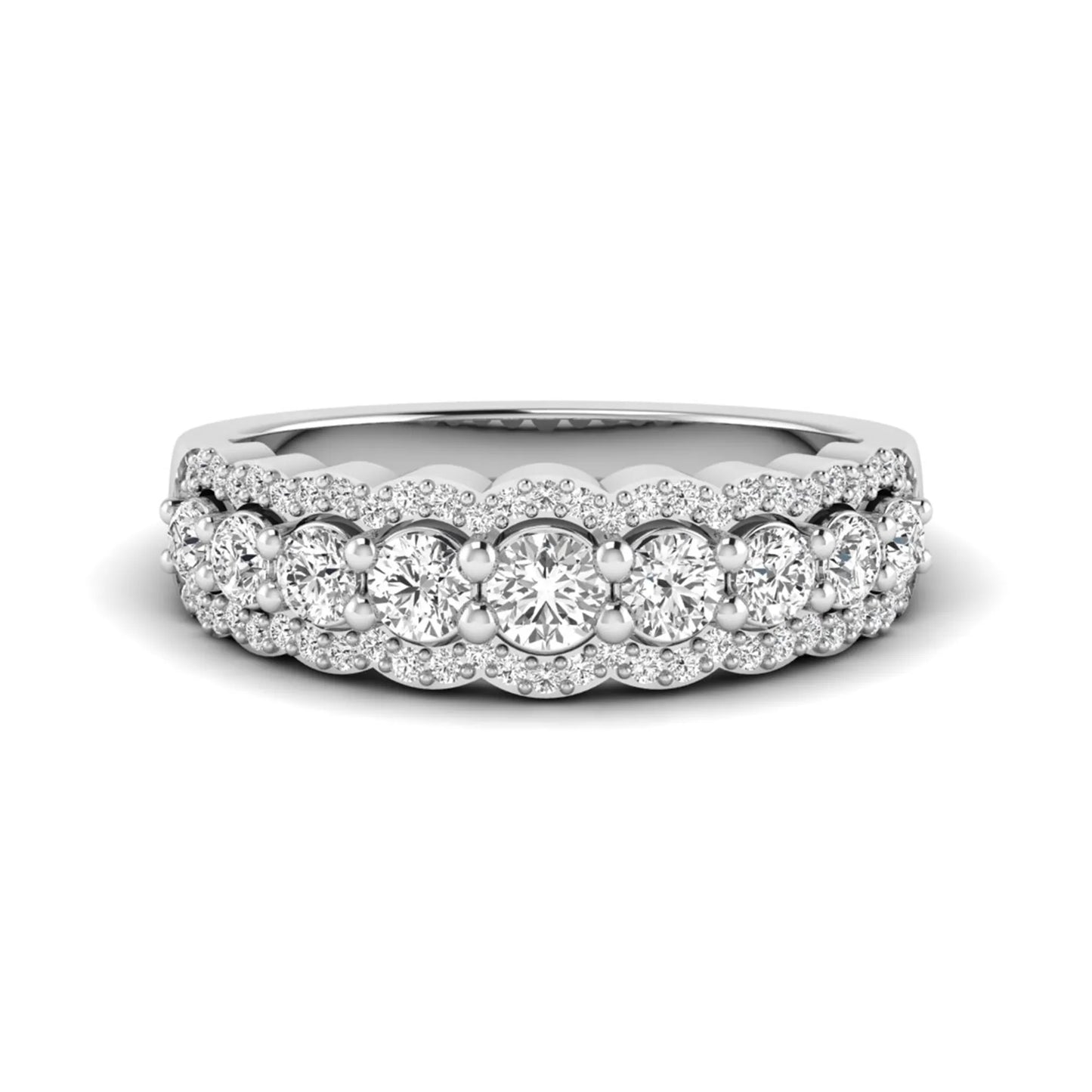 Graduated round brilliant lab grown diamond three row band with dual micro pavé diamond borders in white gold