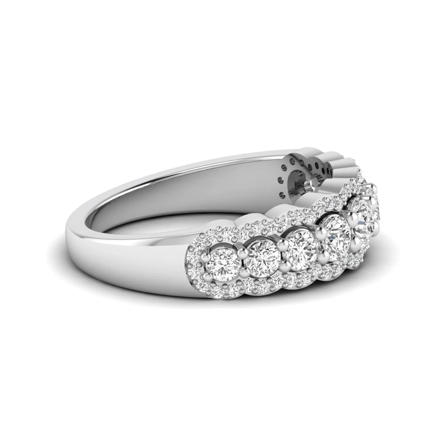 Graduated round brilliant lab grown diamond three row band with dual micro pavé diamond borders in white gold