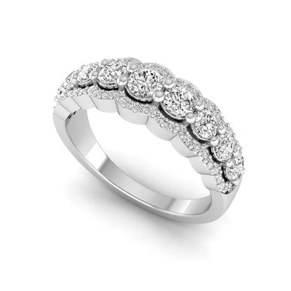 Graduated round brilliant lab grown diamond three row band with dual micro pavé diamond borders in white gold