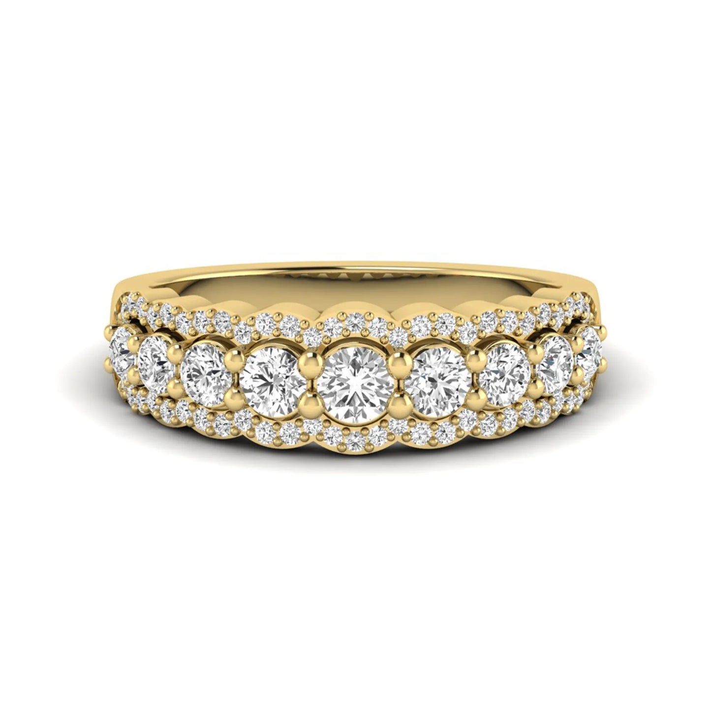 Graduated round brilliant lab grown diamond three row band with dual micro pavé diamond borders in yellow gold