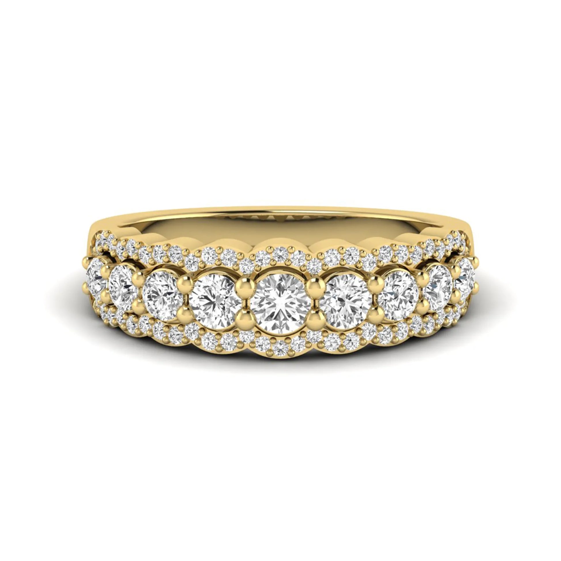 Graduated round brilliant lab grown diamond three row band with dual micro pavé diamond borders in yellow gold