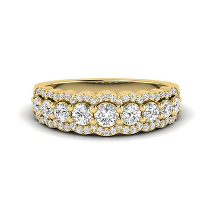 Graduated round brilliant lab grown diamond three row band with dual micro pavé diamond borders in yellow gold