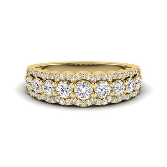 Graduated round brilliant lab grown diamond three row band with dual micro pavé diamond borders in yellow gold
