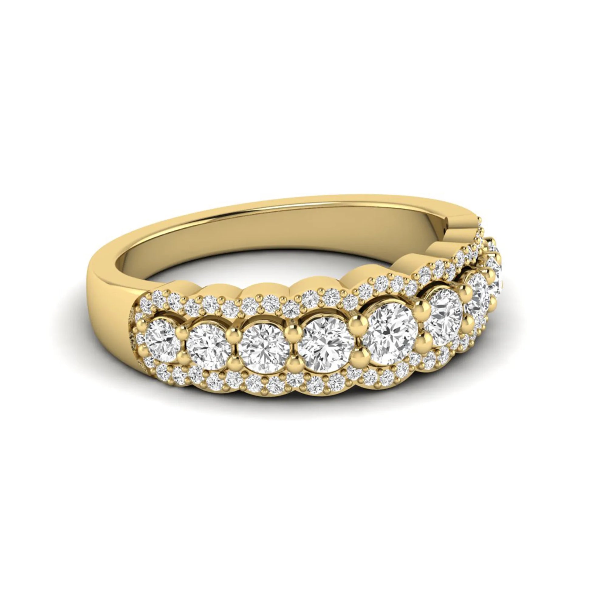Graduated round brilliant lab grown diamond three row band with dual micro pavé diamond borders in yellow gold