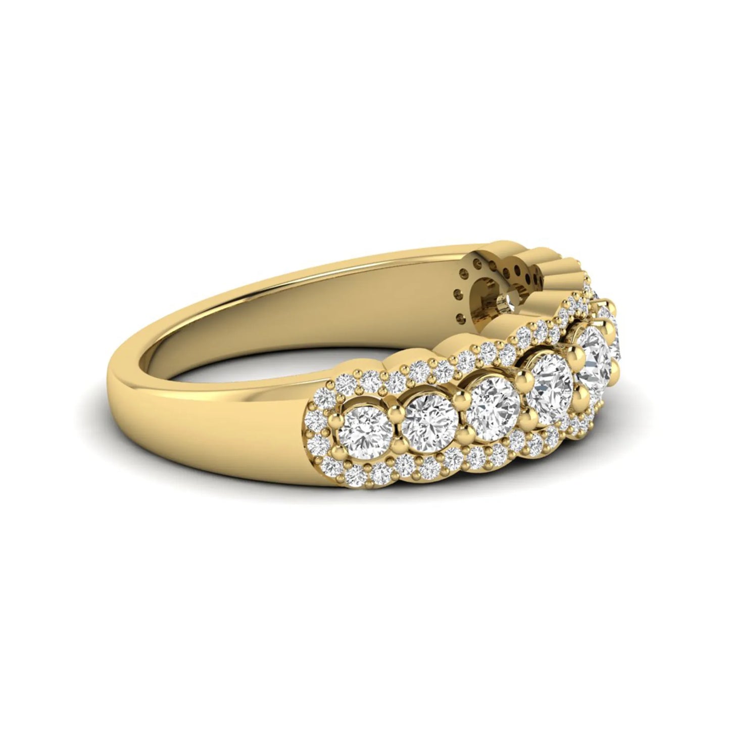 Graduated round brilliant lab grown diamond three row band with dual micro pavé diamond borders in yellow gold