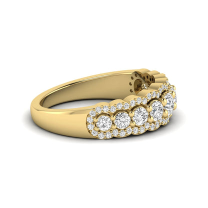 Graduated round brilliant lab grown diamond three row band with dual micro pavé diamond borders in yellow gold