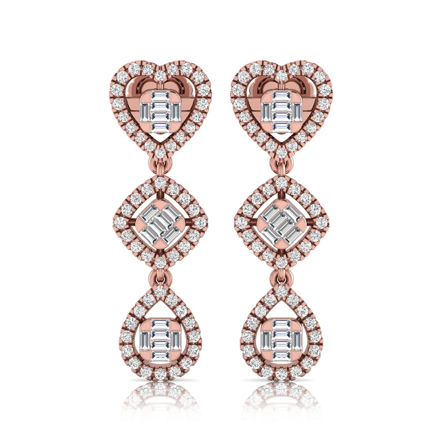 Heart, cushion, and teardrop inspired lab grown diamond drop earrings featuring baguette cut center diamonds, round diamond halos, screw back closure, and rose gold tone design.