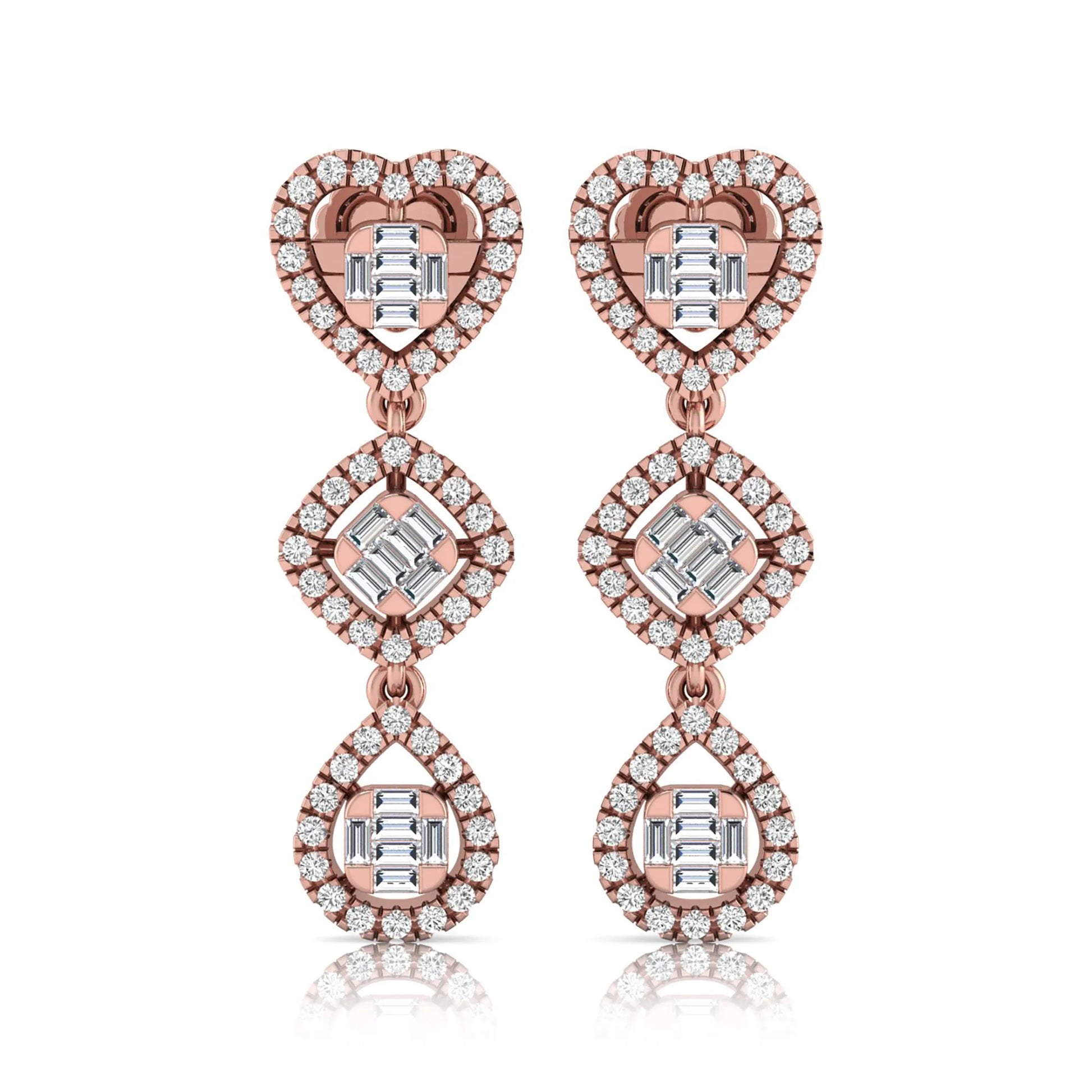 Heart, cushion, and teardrop inspired lab grown diamond drop earrings featuring baguette cut center diamonds, round diamond halos, screw back closure, and rose gold tone design.