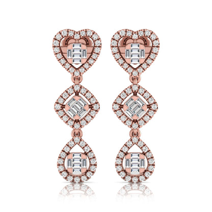 Heart, cushion, and teardrop inspired lab grown diamond drop earrings featuring baguette cut center diamonds, round diamond halos, screw back closure, and rose gold tone design.