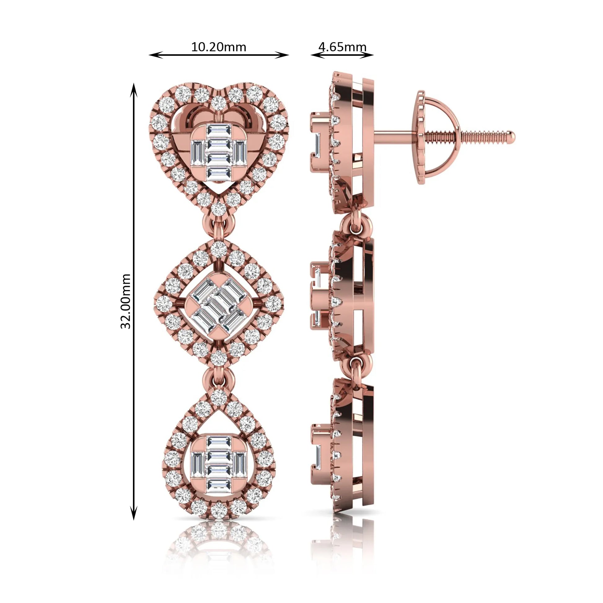 Heart, cushion, and teardrop inspired lab grown diamond drop earrings featuring baguette cut center diamonds, round diamond halos, screw back closure, and rose gold tone design.