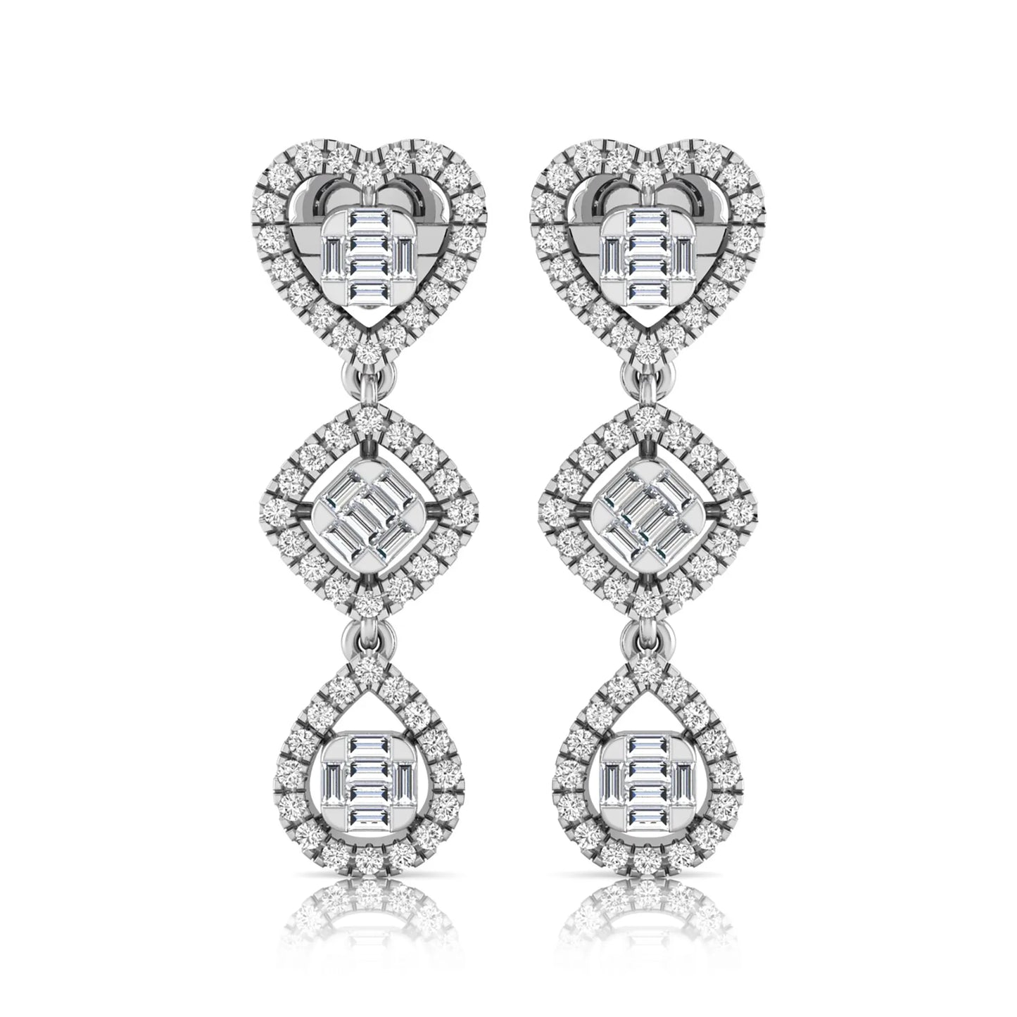 Heart, cushion, and teardrop inspired lab grown diamond drop earrings featuring baguette cut center diamonds, round diamond halos, screw back closure, and white gold tone design.