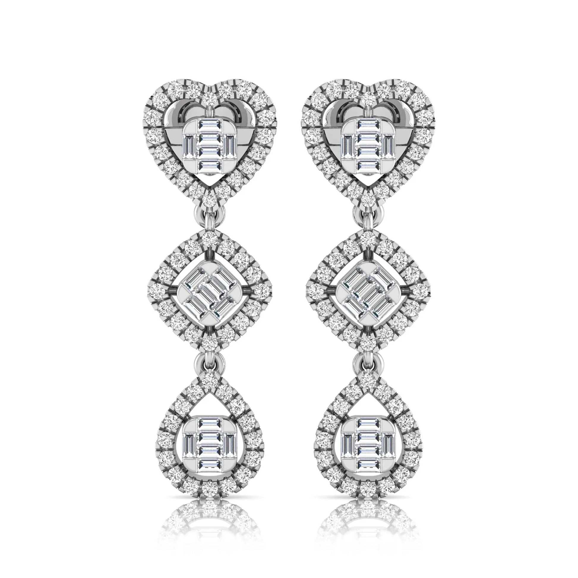 Heart, cushion, and teardrop inspired lab grown diamond drop earrings featuring baguette cut center diamonds, round diamond halos, screw back closure, and white gold tone design.