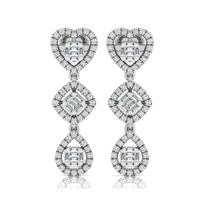 Heart, cushion, and teardrop inspired lab grown diamond drop earrings featuring baguette cut center diamonds, round diamond halos, screw back closure, and white gold tone design.