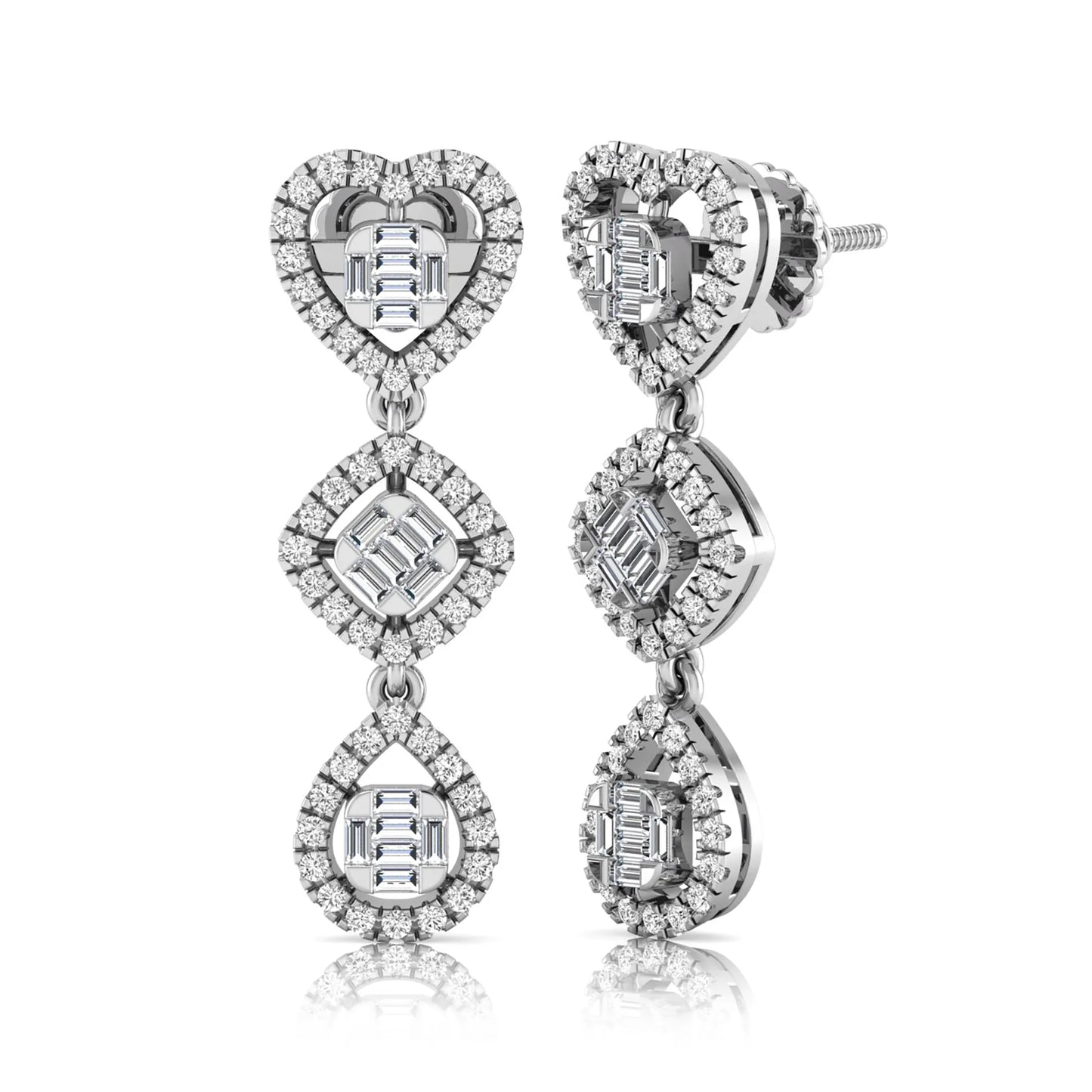 Heart, cushion, and teardrop inspired lab grown diamond drop earrings featuring baguette cut center diamonds, round diamond halos, screw back closure, and white gold tone design.
