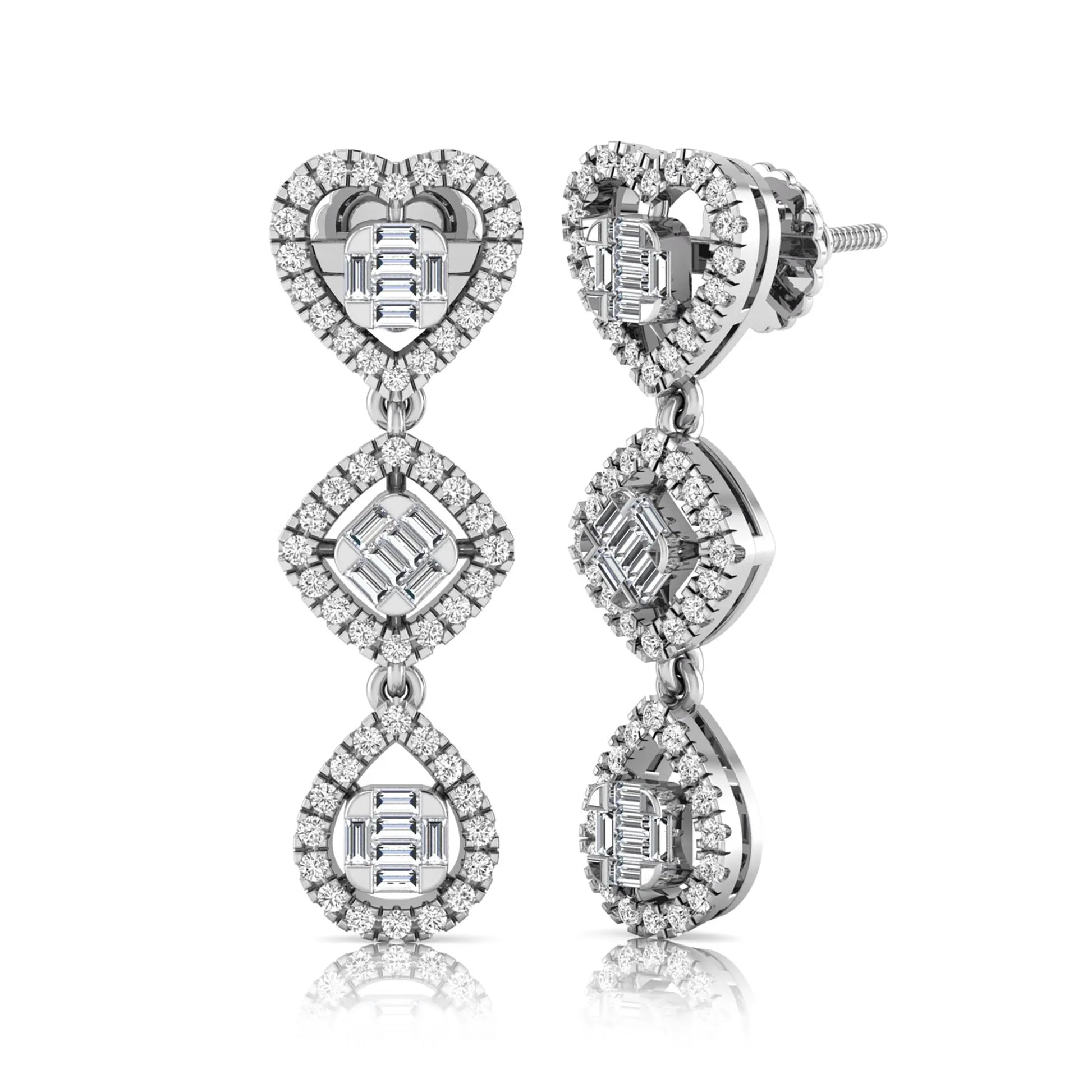 Heart, cushion, and teardrop inspired lab grown diamond drop earrings featuring baguette cut center diamonds, round diamond halos, screw back closure, and white gold tone design.