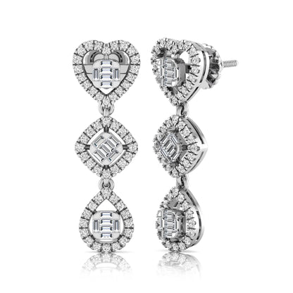 Heart, cushion, and teardrop inspired lab grown diamond drop earrings featuring baguette cut center diamonds, round diamond halos, screw back closure, and white gold tone design.