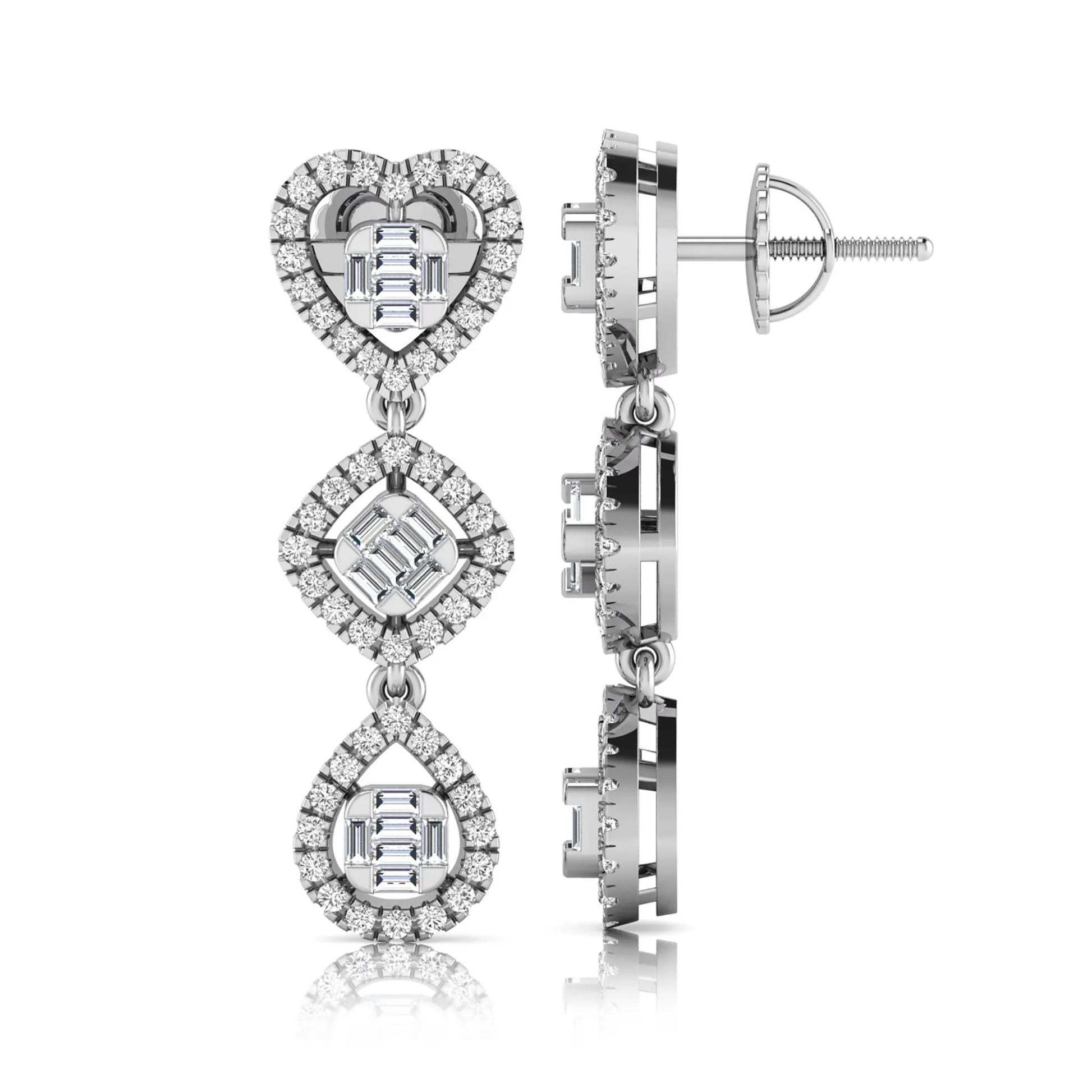Heart, cushion, and teardrop inspired lab grown diamond drop earrings featuring baguette cut center diamonds, round diamond halos, screw back closure, and white gold tone design.