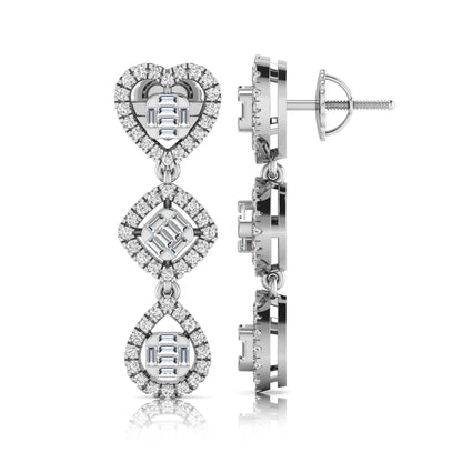 Heart, cushion, and teardrop inspired lab grown diamond drop earrings featuring baguette cut center diamonds, round diamond halos, screw back closure, and white gold tone design.