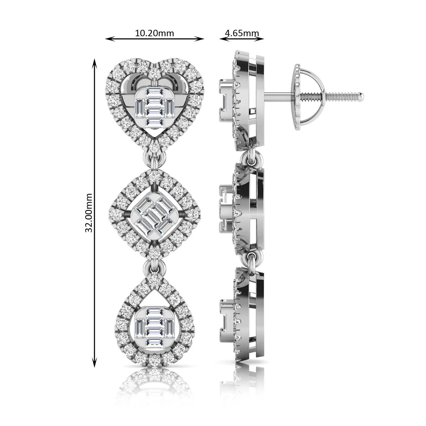 Heart, cushion, and teardrop inspired lab grown diamond drop earrings featuring baguette cut center diamonds, round diamond halos, screw back closure, and white gold tone design.