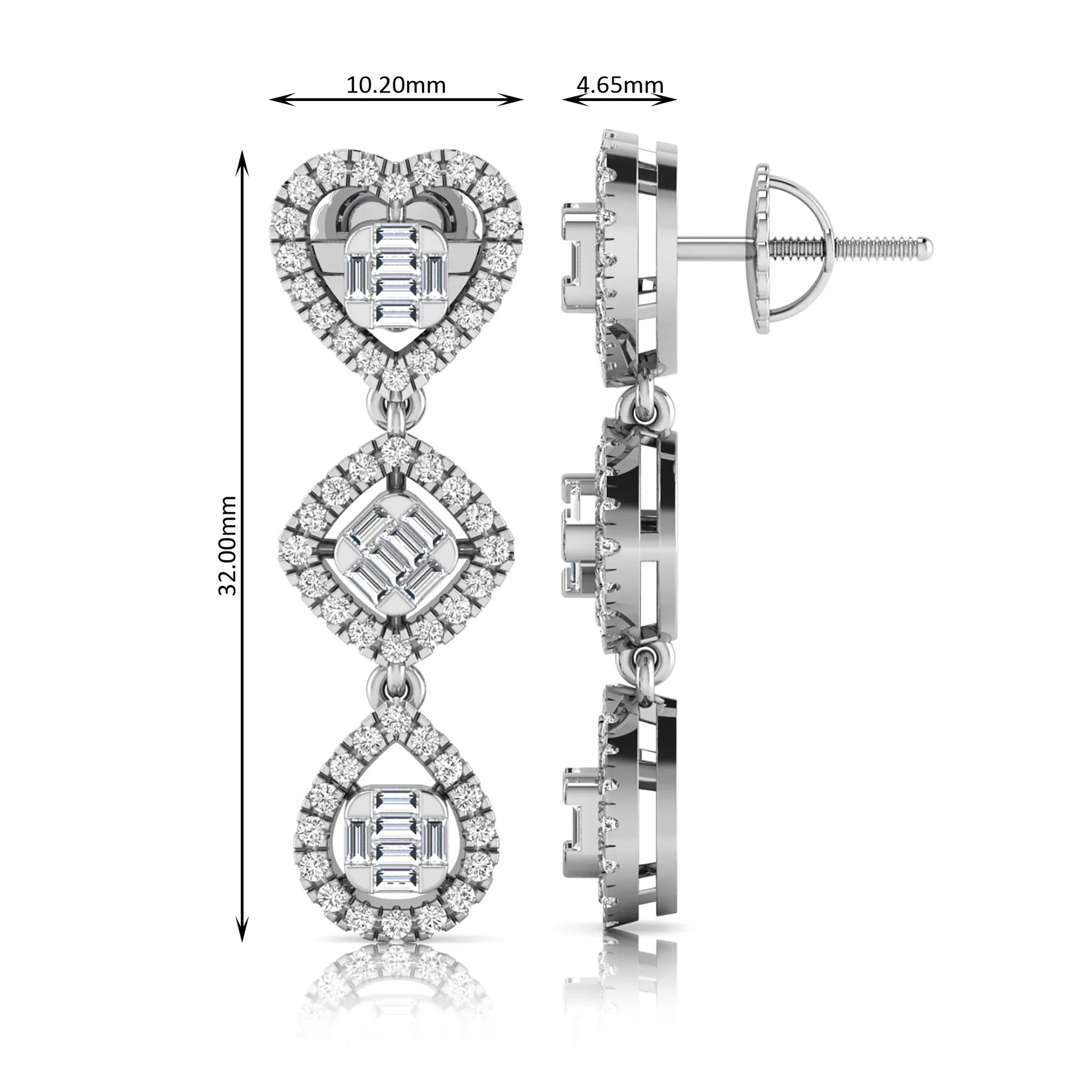 Heart, cushion, and teardrop inspired lab grown diamond drop earrings featuring baguette cut center diamonds, round diamond halos, screw back closure, and white gold tone design.