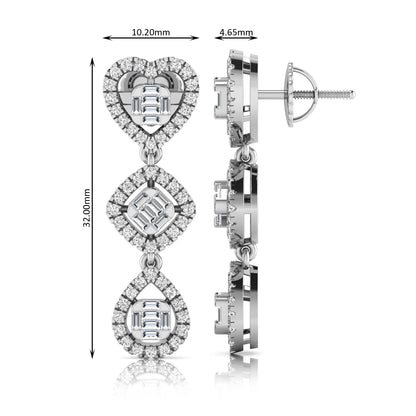 Heart, cushion, and teardrop inspired lab grown diamond drop earrings featuring baguette cut center diamonds, round diamond halos, screw back closure, and white gold tone design.