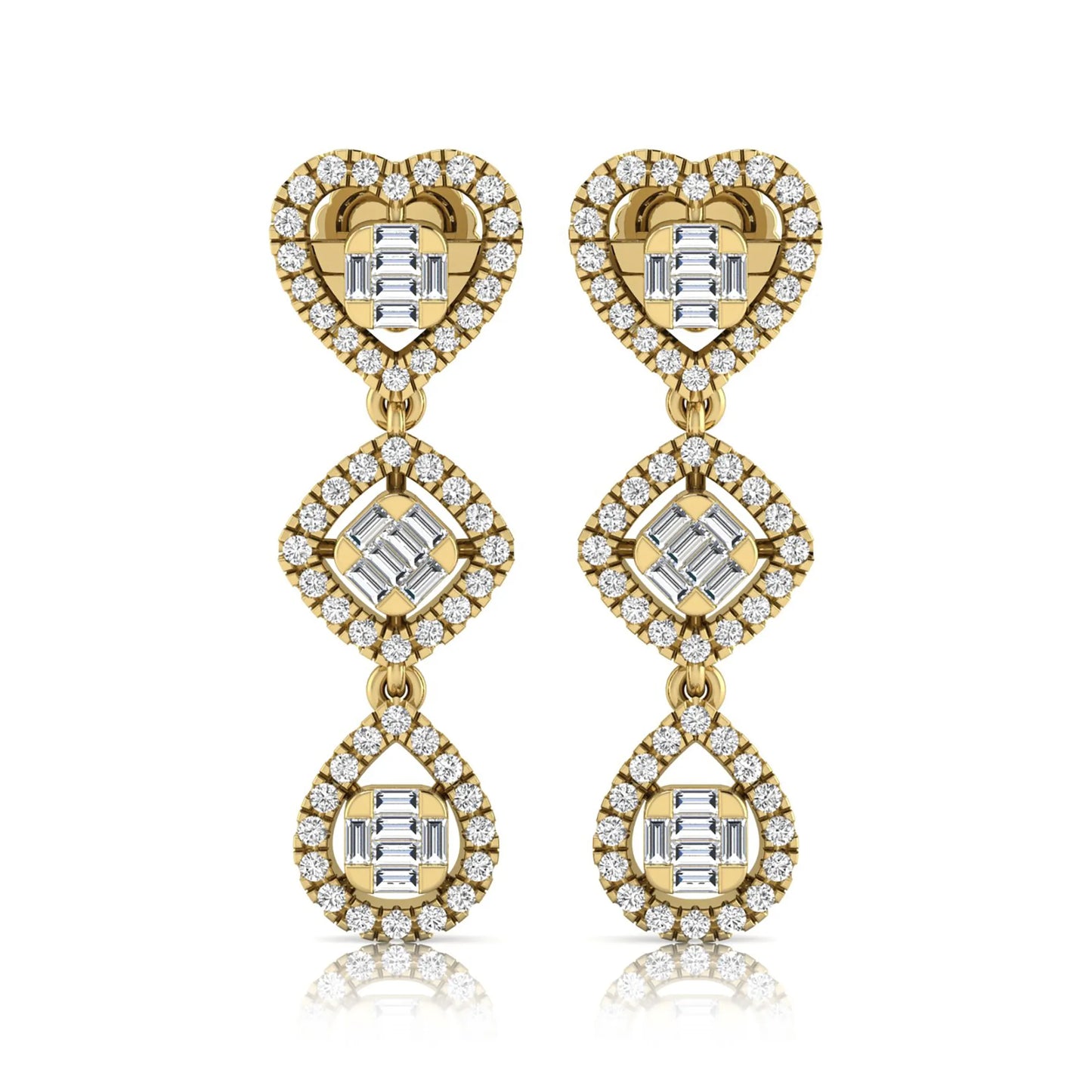 Heart, cushion, and teardrop inspired lab grown diamond drop earrings featuring baguette cut center diamonds, round diamond halos, screw back closure, and yellow gold tone design.