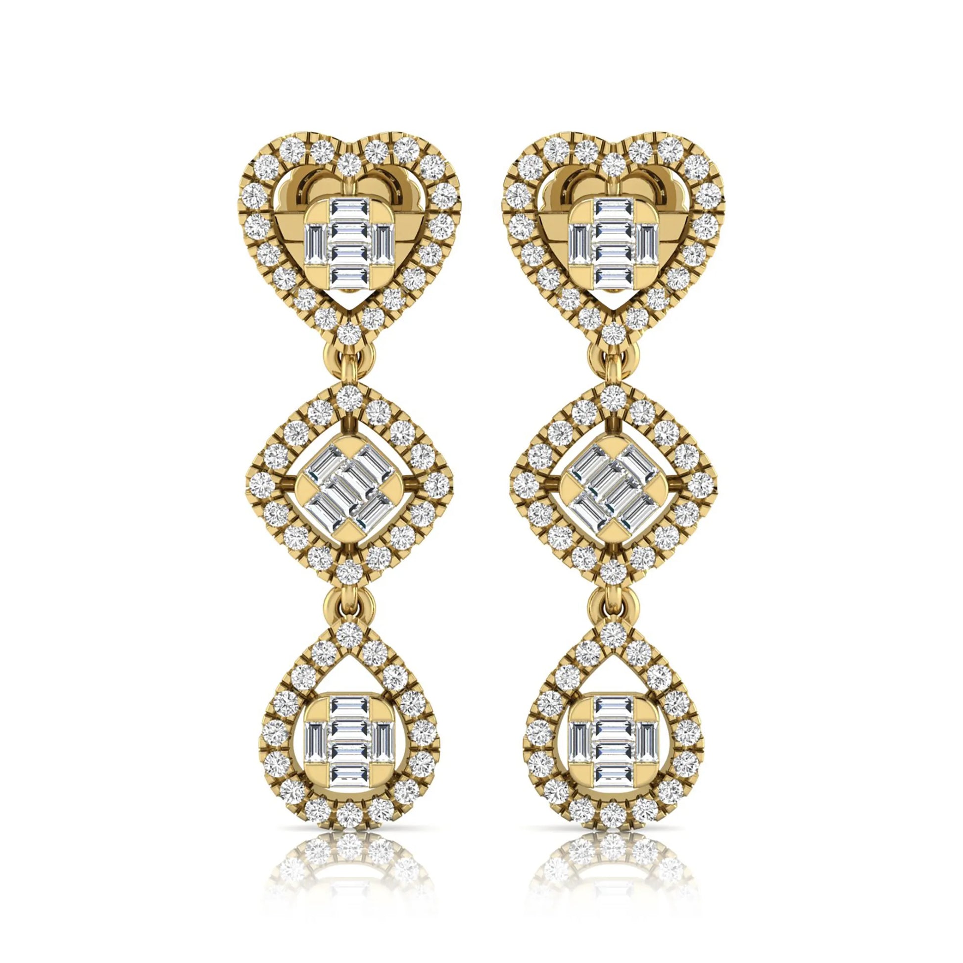 Heart, cushion, and teardrop inspired lab grown diamond drop earrings featuring baguette cut center diamonds, round diamond halos, screw back closure, and yellow gold tone design.