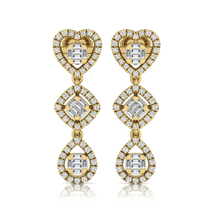 Heart, cushion, and teardrop inspired lab grown diamond drop earrings featuring baguette cut center diamonds, round diamond halos, screw back closure, and yellow gold tone design.