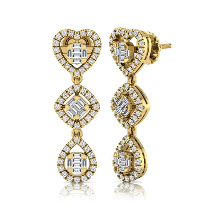 Heart, cushion, and teardrop inspired lab grown diamond drop earrings featuring baguette cut center diamonds, round diamond halos, screw back closure, and yellow gold tone design.