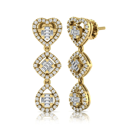 Heart, cushion, and teardrop inspired lab grown diamond drop earrings featuring baguette cut center diamonds, round diamond halos, screw back closure, and yellow gold tone design.