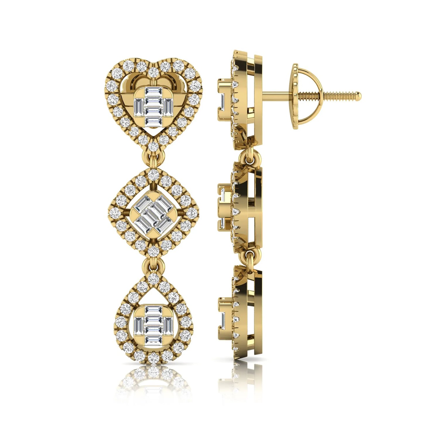 Heart, cushion, and teardrop inspired lab grown diamond drop earrings featuring baguette cut center diamonds, round diamond halos, screw back closure, and yellow gold tone design.