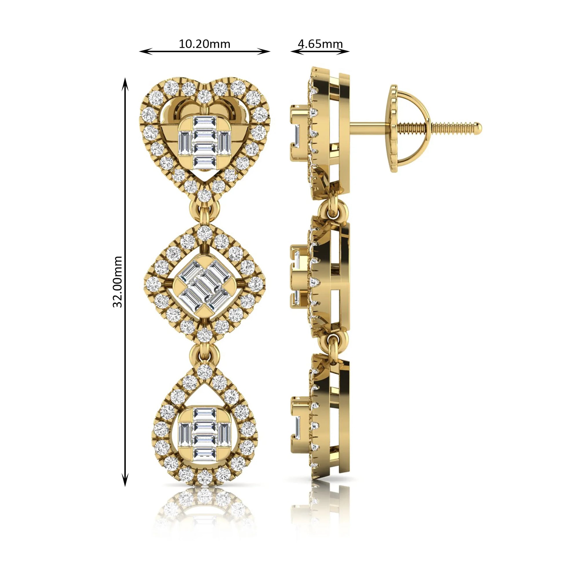Heart, cushion, and teardrop inspired lab grown diamond drop earrings featuring baguette cut center diamonds, round diamond halos, screw back closure, and yellow gold tone design.
