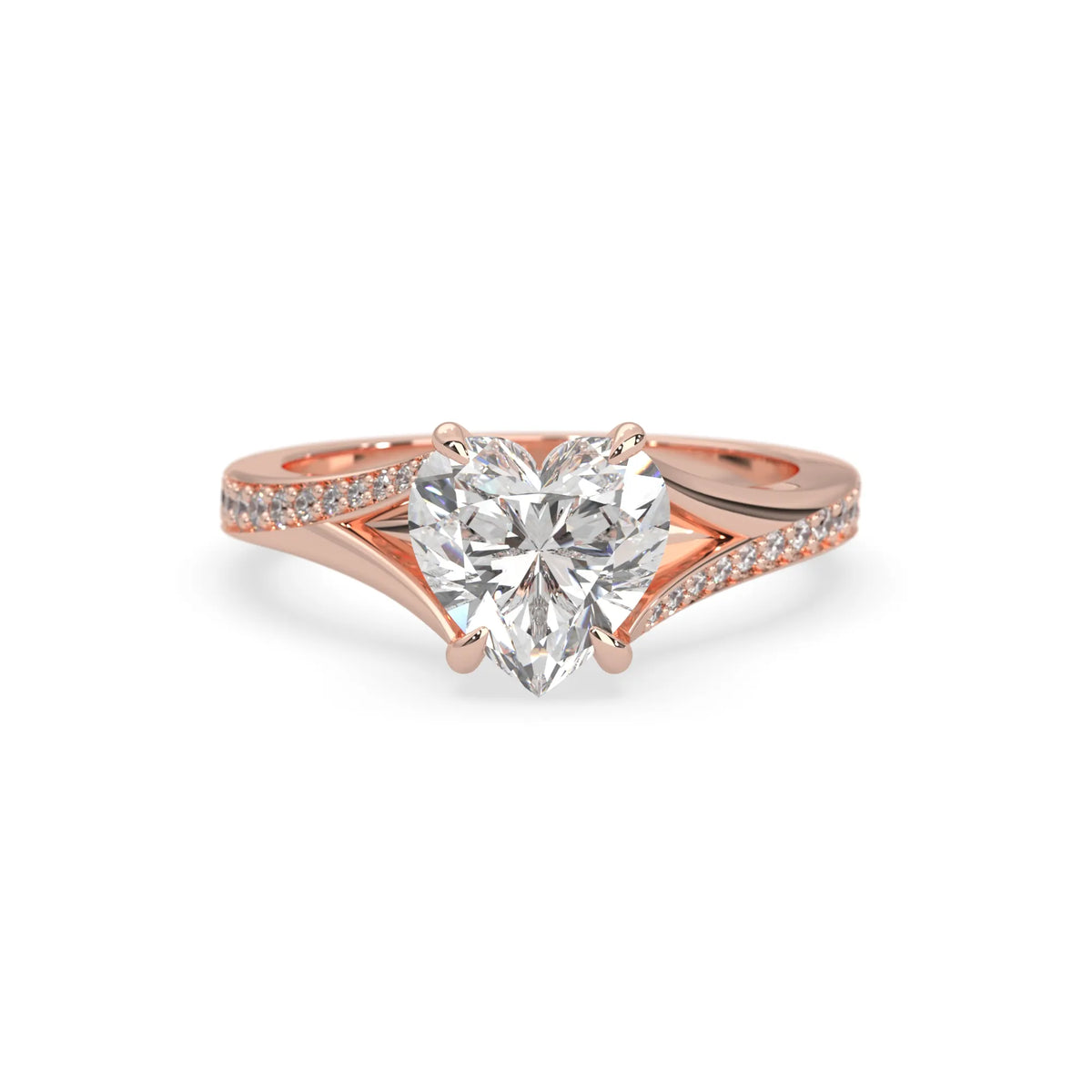 Rose gold ring with a heart-shaped lab grown diamond on a white background