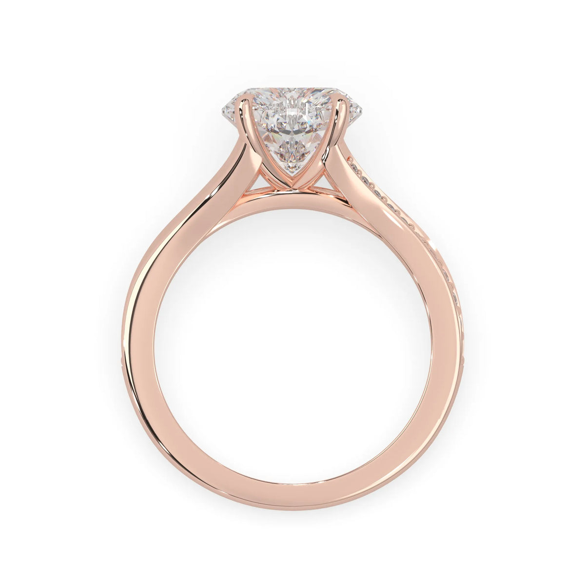 Rose gold ring with a lab grown diamond on a white background