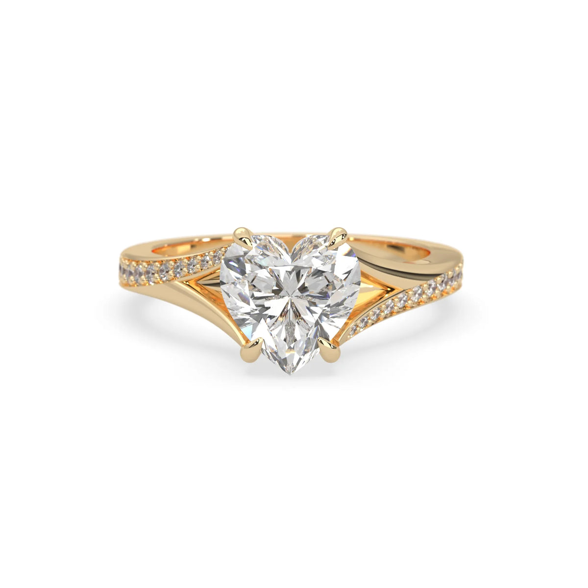 yellow Gold ring with a heart-shaped diamond on a white background