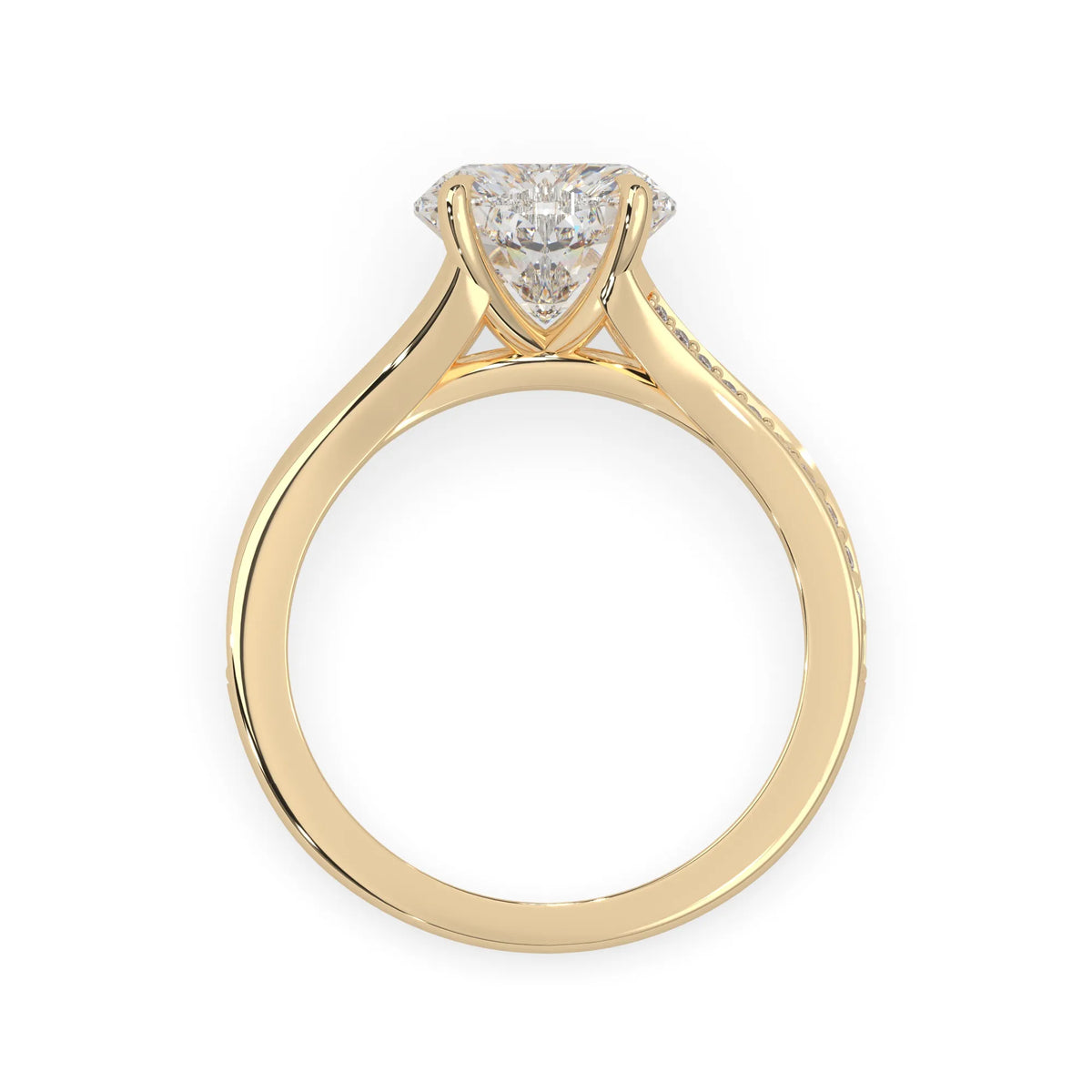 yellow Gold ring with a lab grown  diamond on a white background