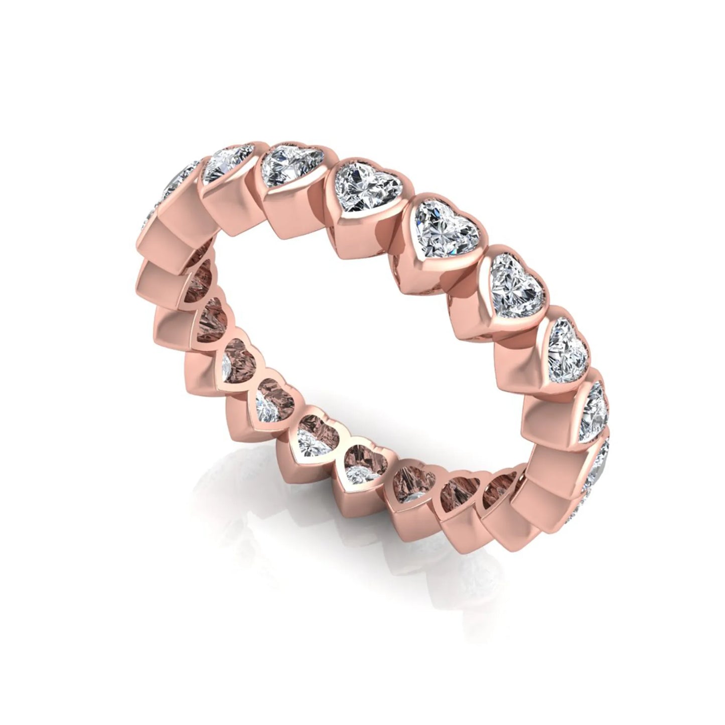 Heart cut lab grown diamond eternity band featuring 3.20 carats of heart-shaped diamonds in a shared-prong setting with a polished rose gold finish.