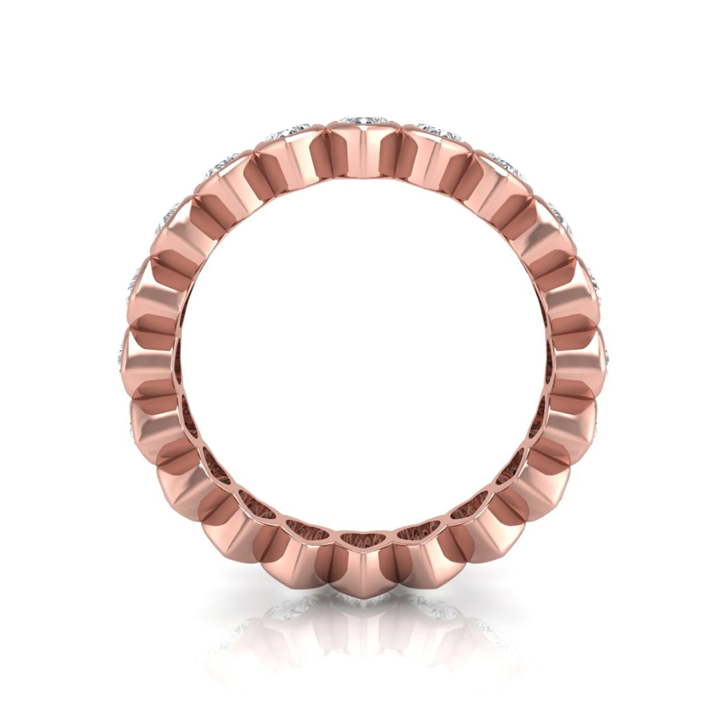 Heart cut lab grown diamond eternity band featuring 3.20 carats of heart-shaped diamonds in a shared-prong setting with a polished rose gold finish.