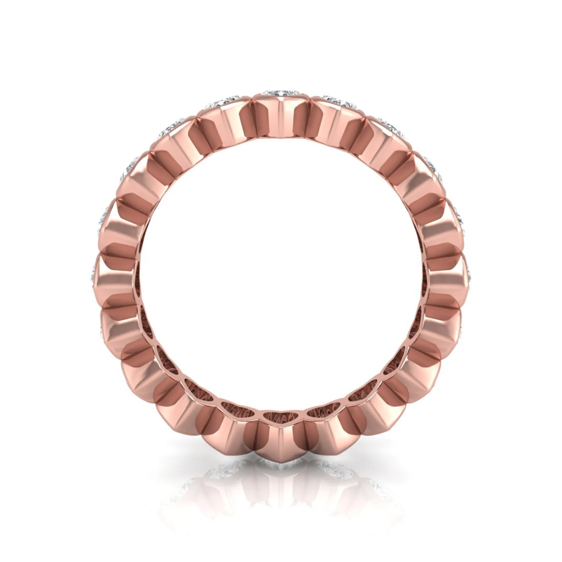 Heart cut lab grown diamond eternity band featuring 3.20 carats of heart-shaped diamonds in a shared-prong setting with a polished rose gold finish.
