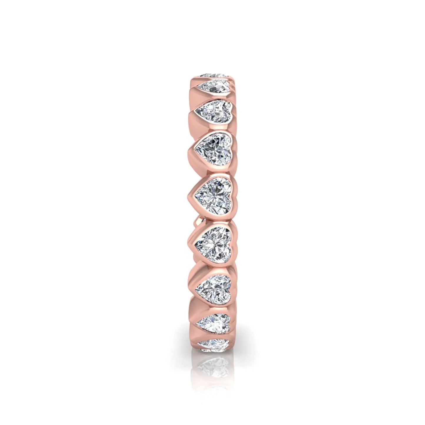 Heart cut lab grown diamond eternity band featuring 3.20 carats of heart-shaped diamonds in a shared-prong setting with a polished rose gold finish.