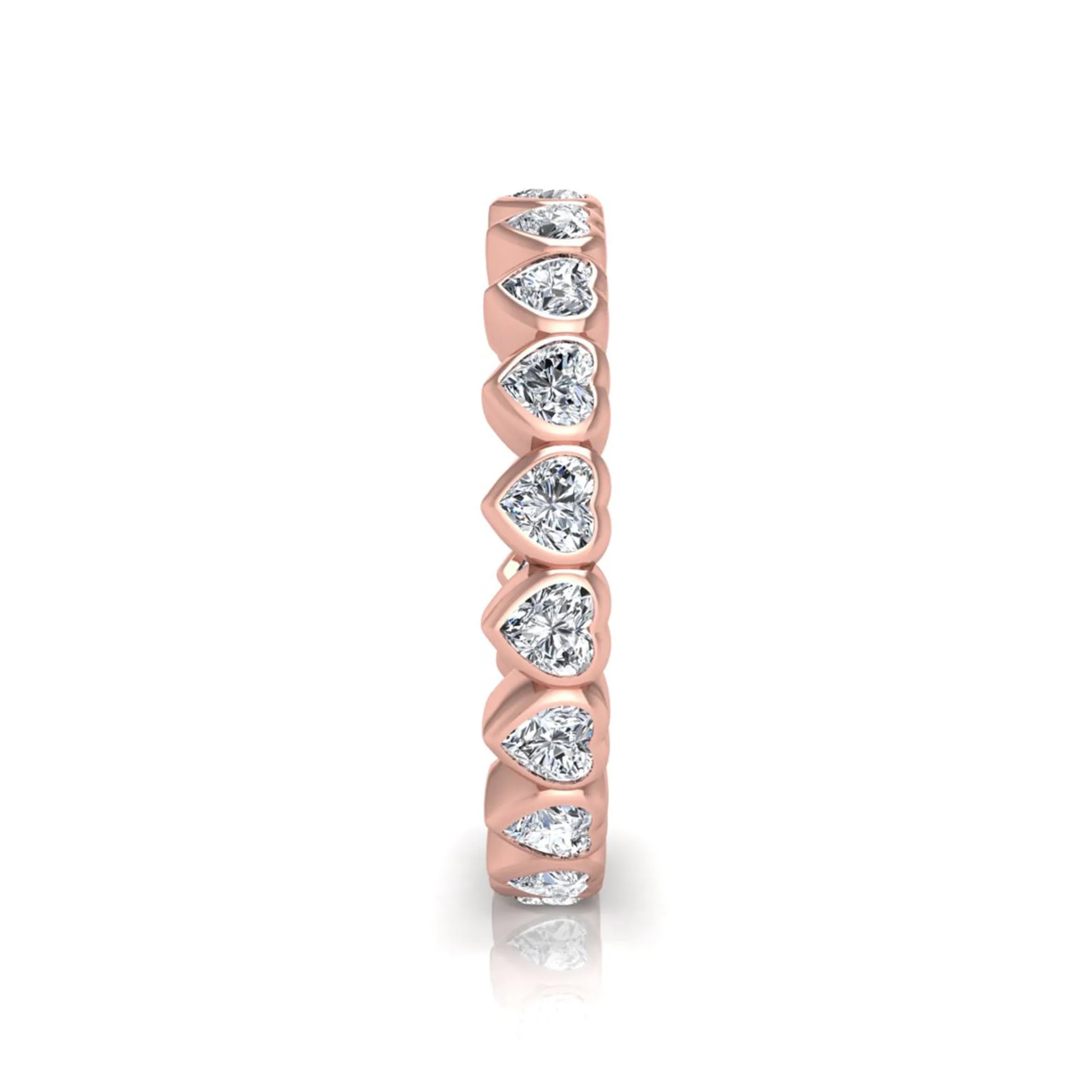 Heart cut lab grown diamond eternity band featuring 3.20 carats of heart-shaped diamonds in a shared-prong setting with a polished rose gold finish.
