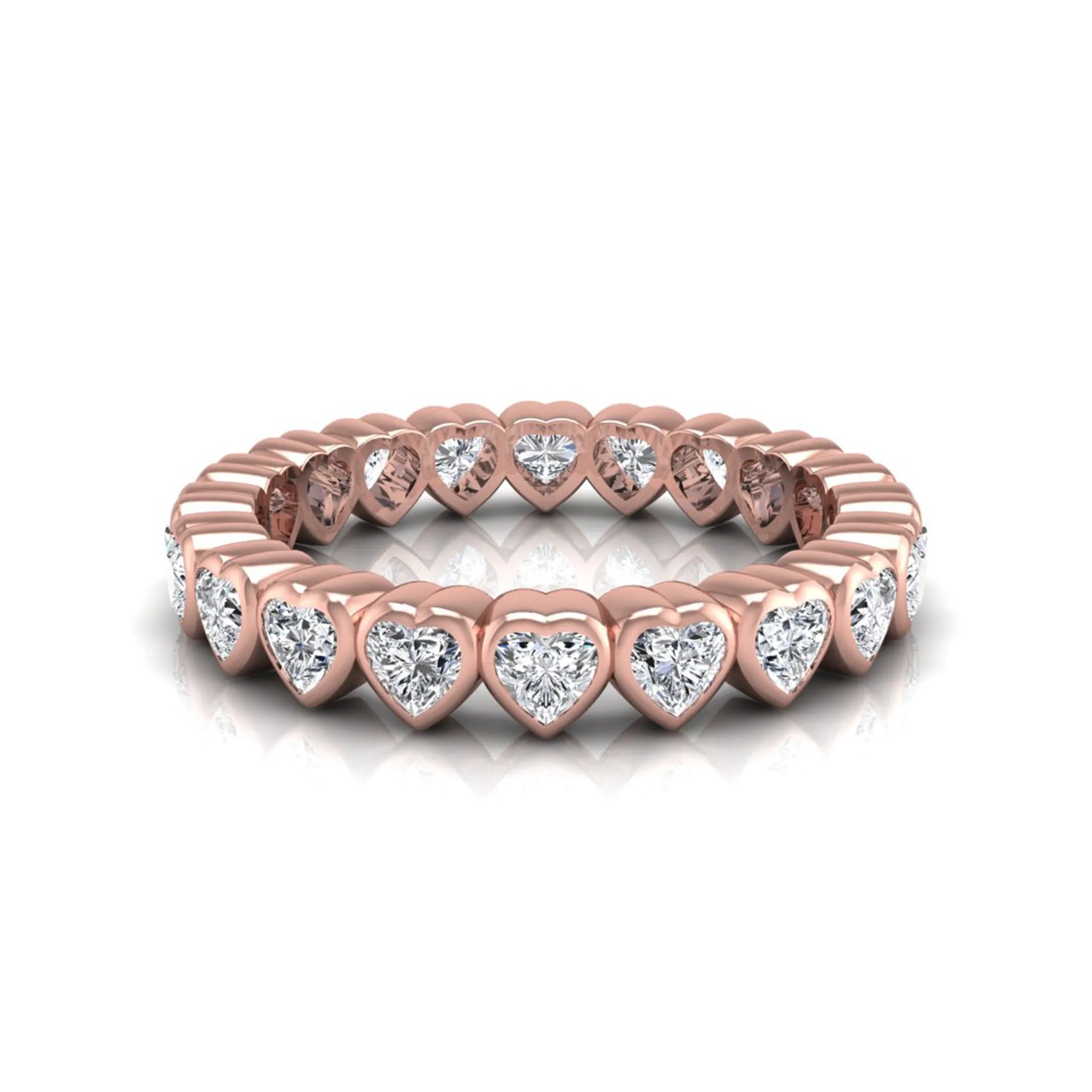 Heart cut lab grown diamond eternity band featuring 3.20 carats of heart-shaped diamonds in a shared-prong setting with a polished rose gold finish.