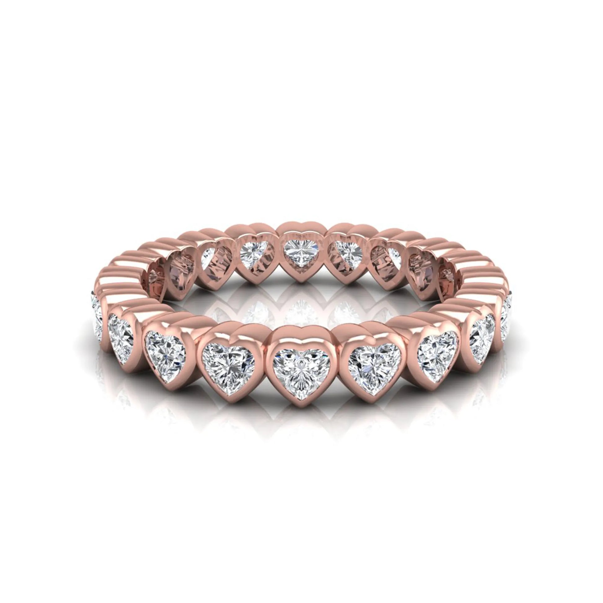 Heart cut lab grown diamond eternity band featuring 3.20 carats of heart-shaped diamonds in a shared-prong setting with a polished rose gold finish.