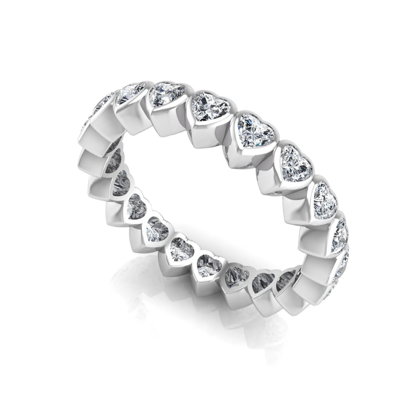 Heart cut lab grown diamond eternity band featuring 3.20 carats of heart-shaped diamonds in a shared-prong setting with a polished white gold finish.